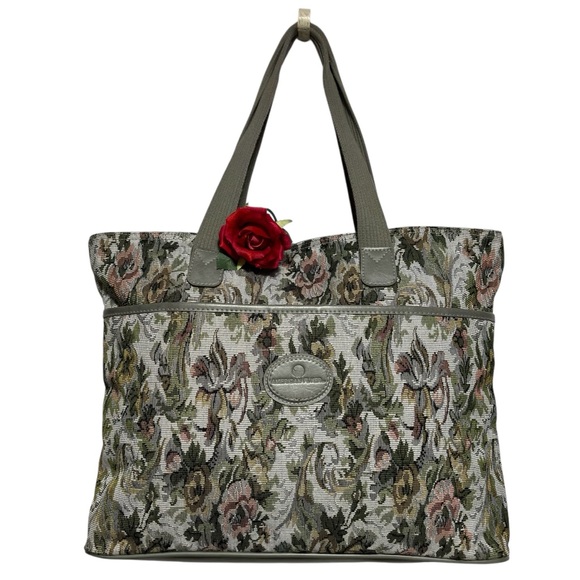 VTG 80’s American Flyer Carpet Floral Tapestry Handle Tote Bag Zips Closed - Picture 1 of 16